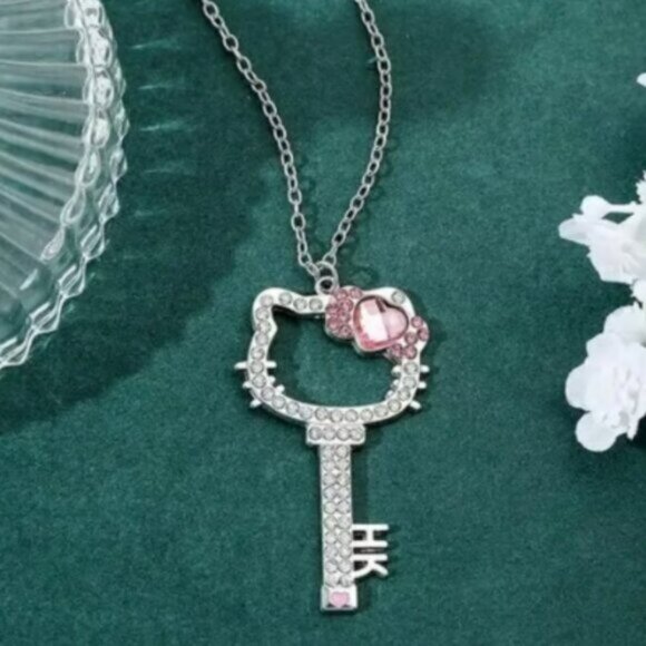Hello Kitty Silver Tone Cubic Zirconia Studded Pendant Key Necklace New - Picture 1 of 3